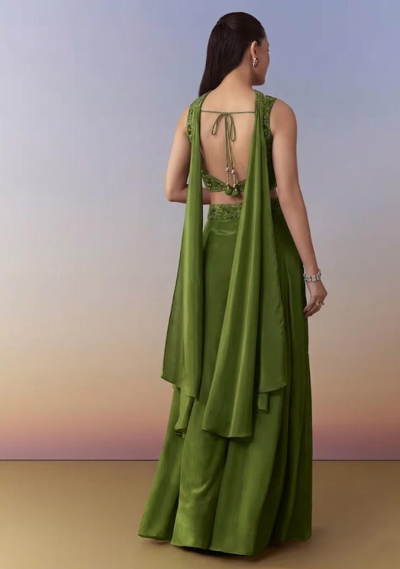 Green Embroidered Handwork Fusion Set - Indya