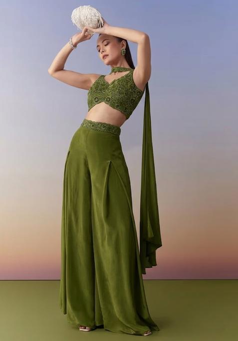 Green Embroidered Handwork  Fusion Set