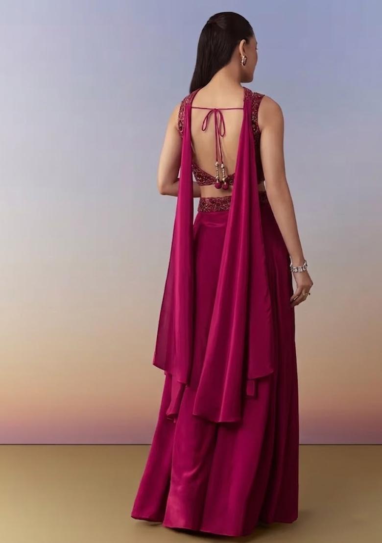 Pink Embroidered Handwork Fusion Set - Indya