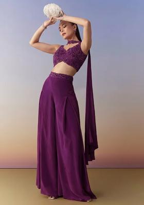 Purple Embroidered Handwork Fusion Set