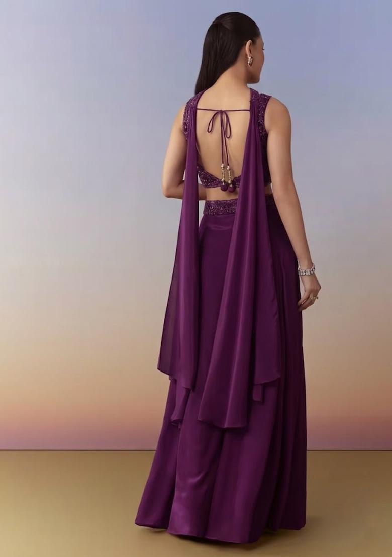 Purple Embroidered Handwork Fusion Set - Indya