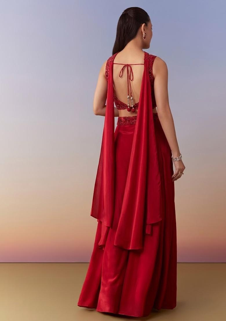 Red Embroidered Handwork Fusion Set - Indya