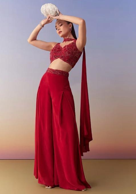 Red Embroidered Handwork  Fusion Set