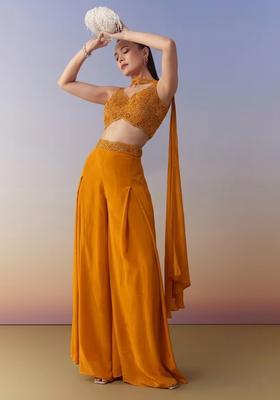 Mustard Yellow Embroidered Handwork  Fusion Set