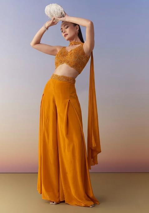 Mustard Yellow Embroidered Handwork  Fusion Set