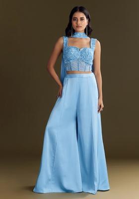 Powder Blue Embroidered Handwork  Fusion Set