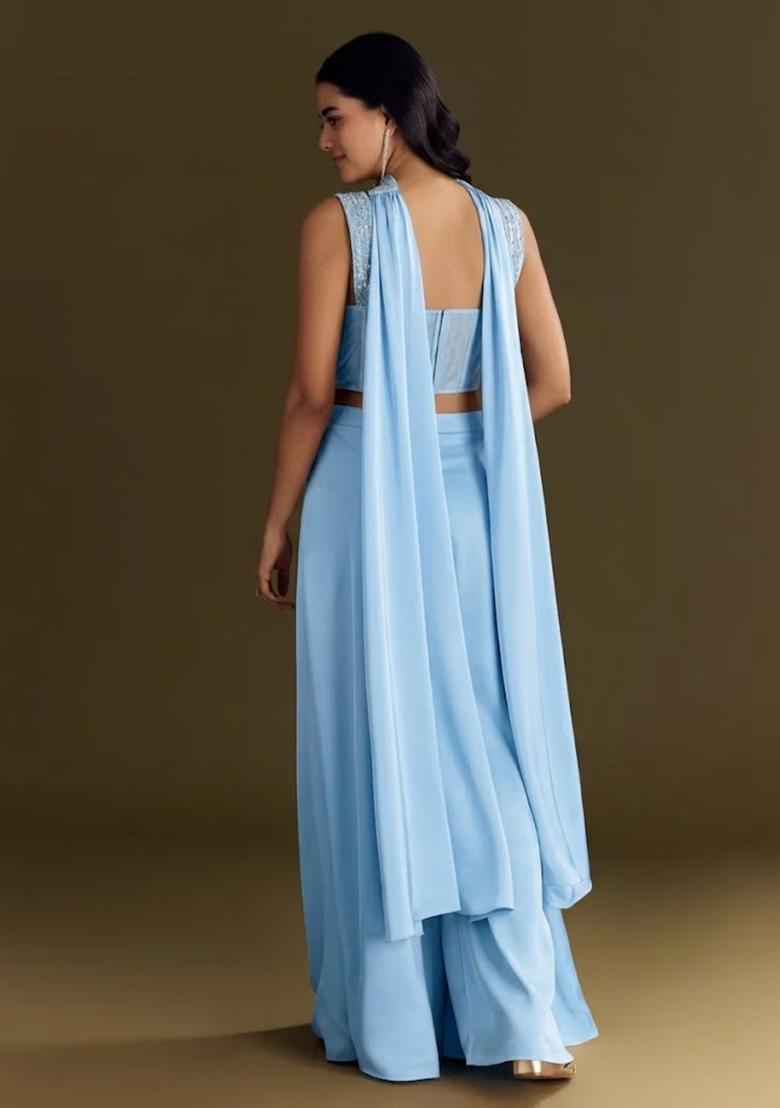 Powder Blue Embroidered Handwork Fusion Set - Indya