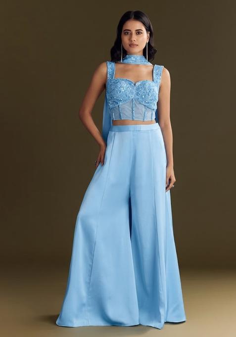 Powder Blue Embroidered Handwork Fusion Set