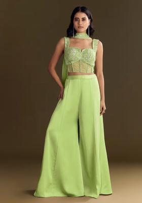 Light Green Embroidered Handwork  Fusion Set