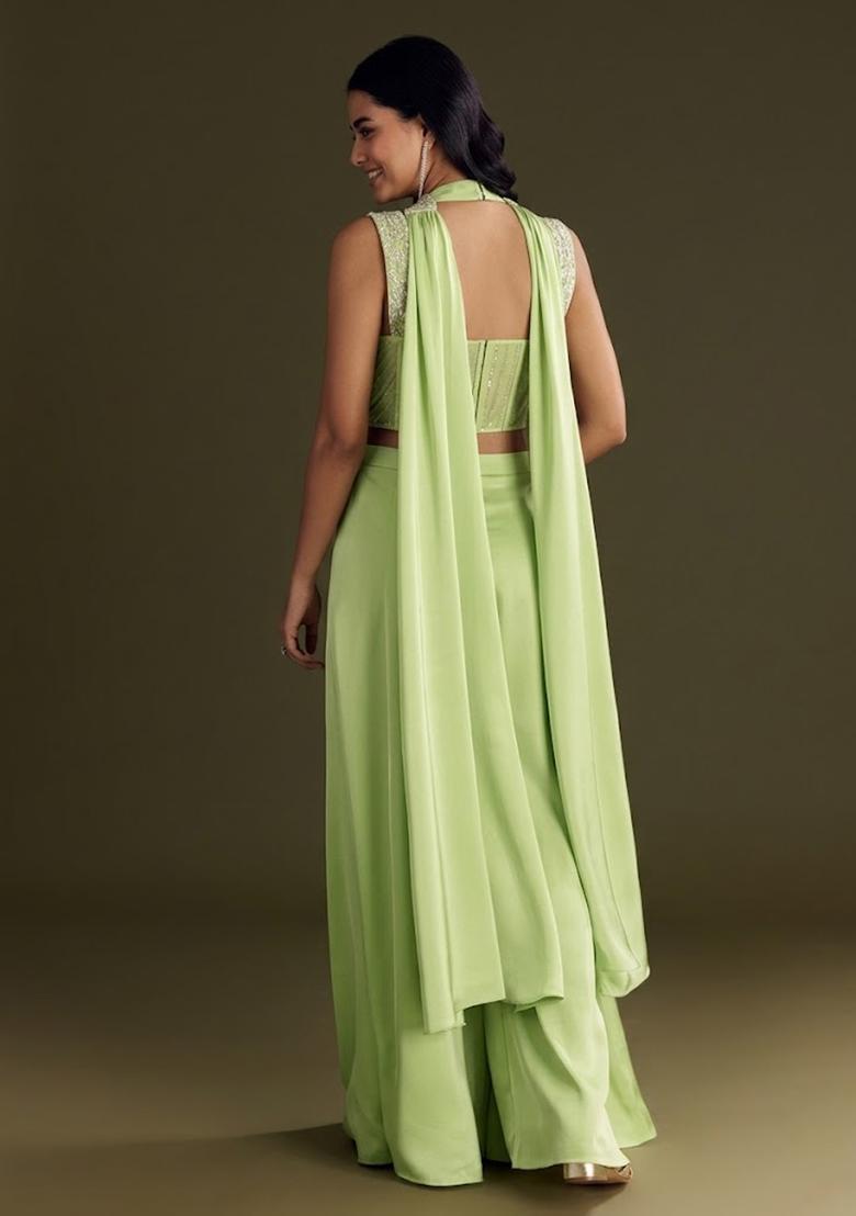 Light Green Embroidered Handwork Fusion Set - Indya