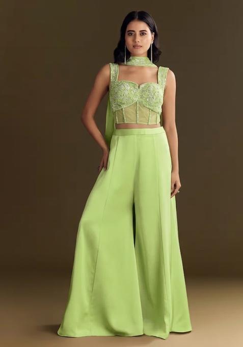 Light Green Embroidered Handwork  Fusion Set