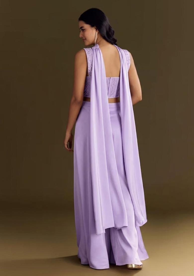 Lavender Embroidered Handwork Fusion Set - Indya