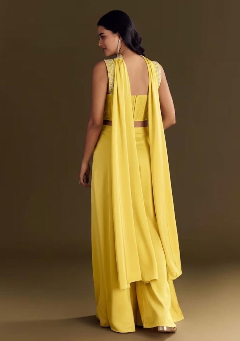Yellow Embroidered Handwork Fusion Set - Indya