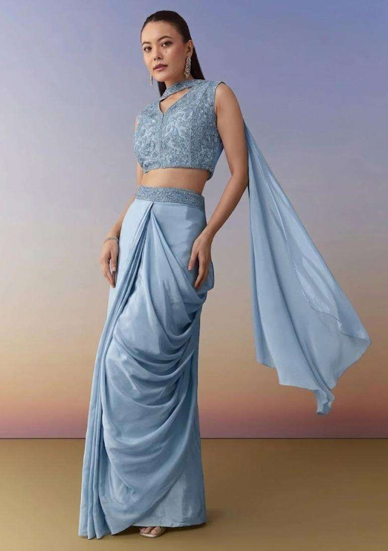Dusty Blue Embroidered Handwork Fusion Set - Indya