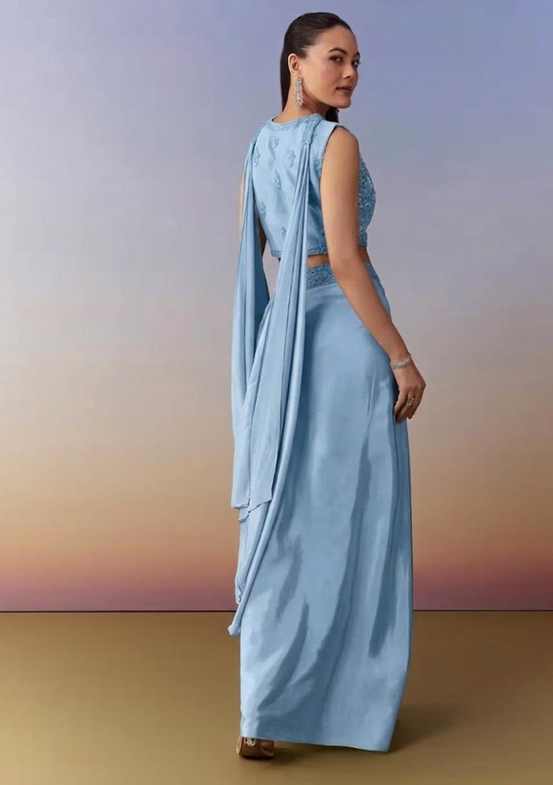 Dusty Blue Embroidered Handwork Fusion Set - Indya