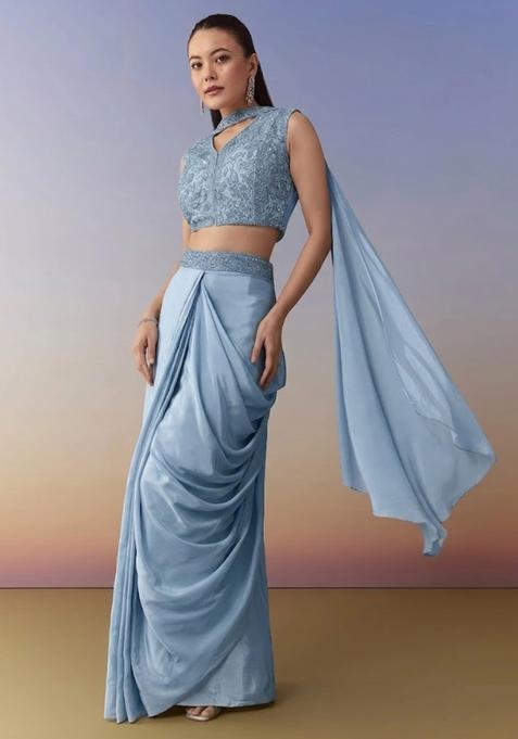 Dusty Blue Embroidered Handwork  Fusion Set