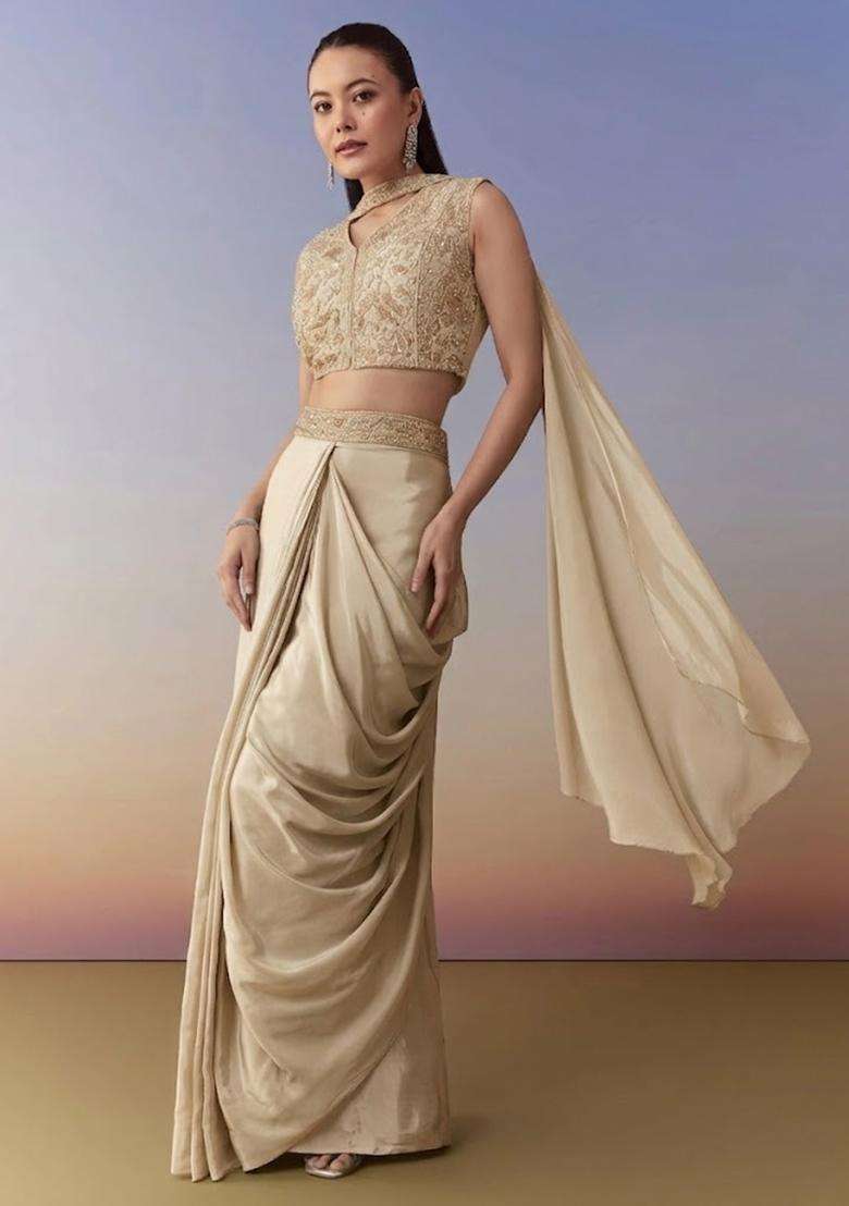Beige Embroidered Handwork Fusion Set - Indya