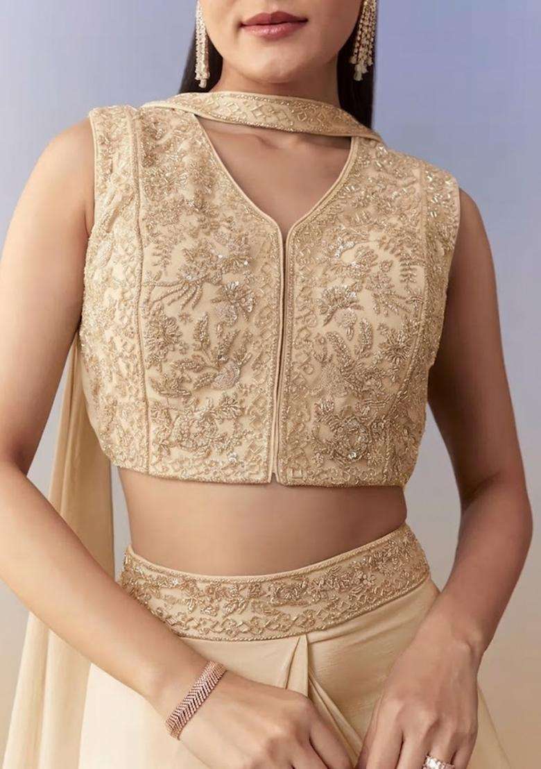Beige Embroidered Handwork Fusion Set - Indya