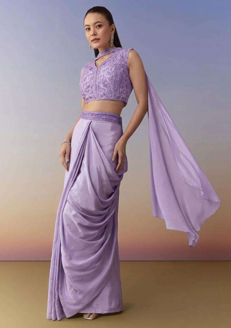 Lavender Embroidered Handwork Fusion Set - Indya