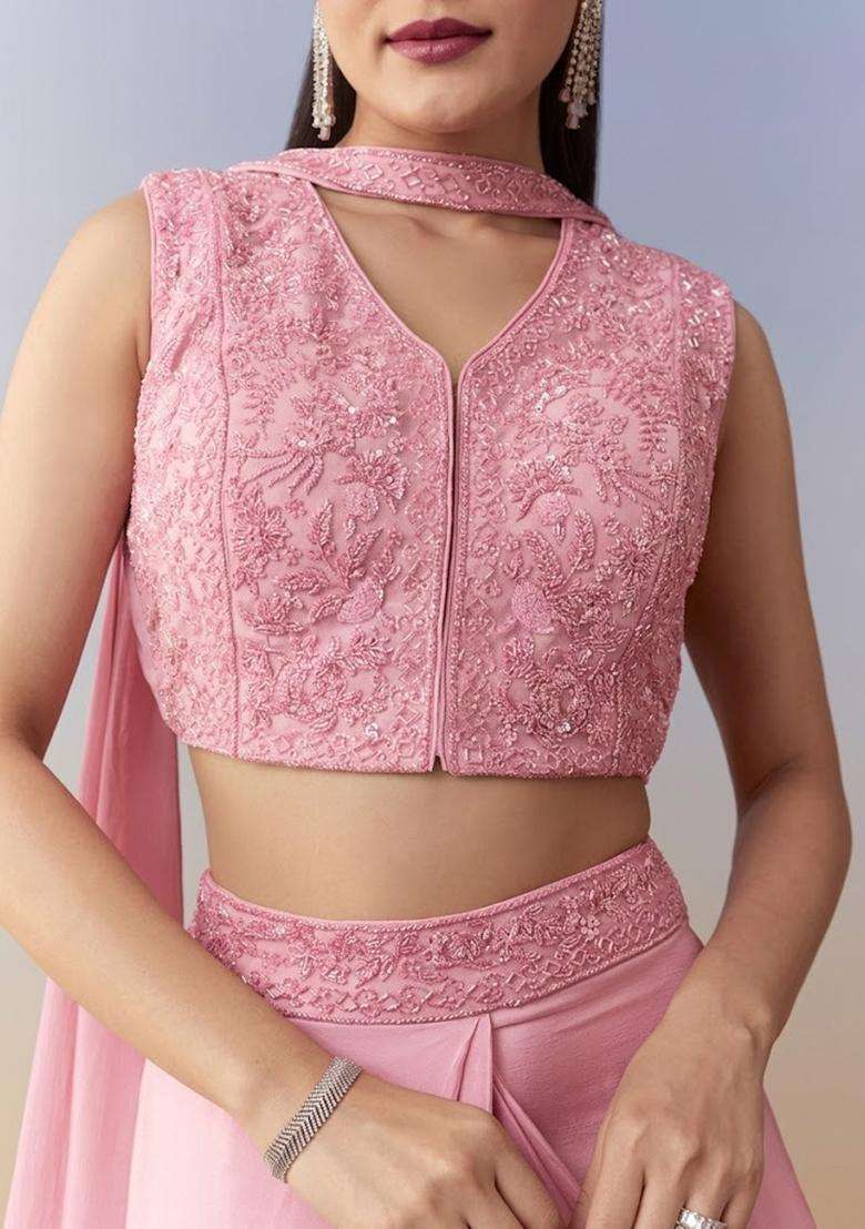 Light Pink Embroidered Handwork Fusion Set - Indya