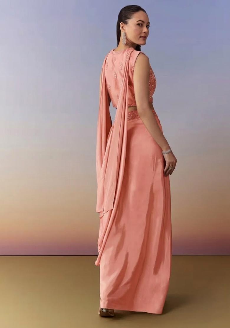 Peach Embroidered Handwork Fusion Set - Indya