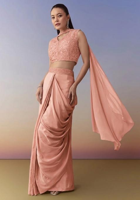 Peach Embroidered Handwork Fusion Set