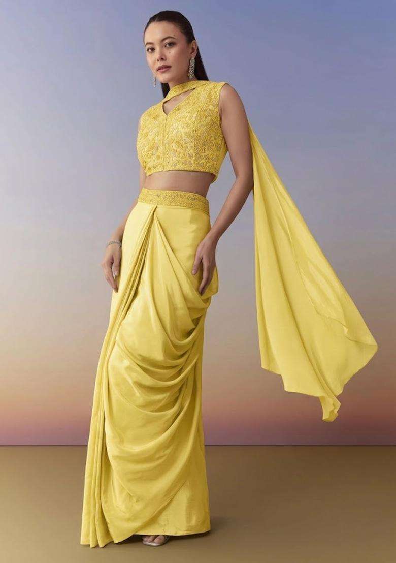 Yellow Embroidered Handwork Fusion Set - Indya