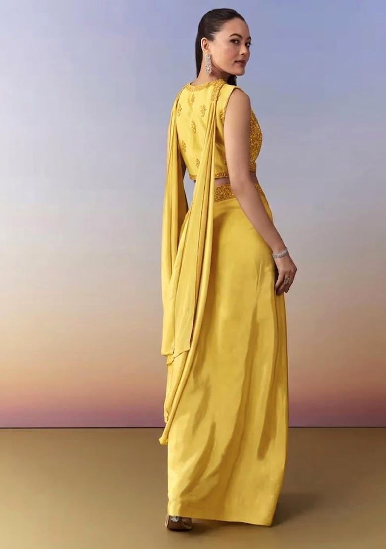 Yellow Embroidered Handwork Fusion Set - Indya