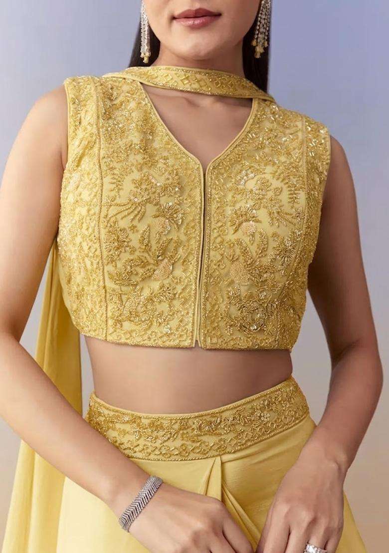 Yellow Embroidered Handwork Fusion Set - Indya