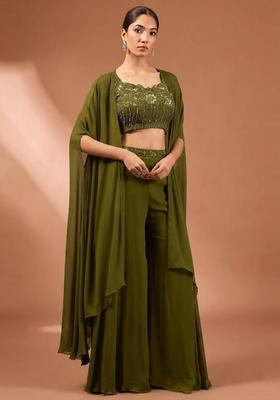 Olive Green Embroidered Handwork  Fusion Set