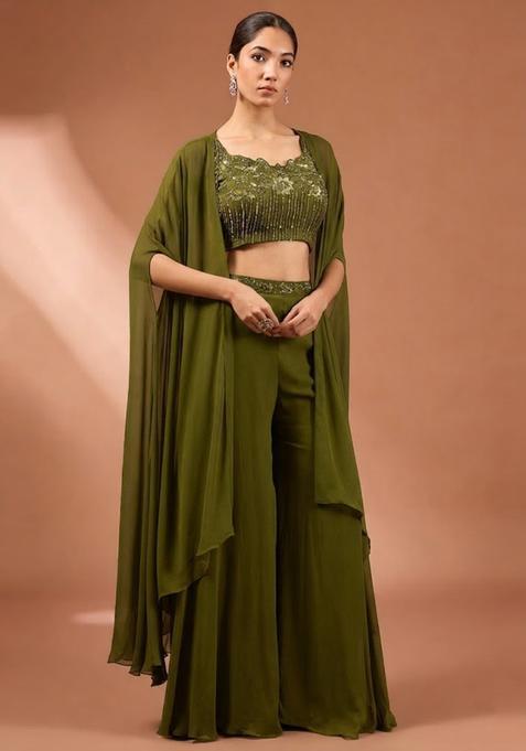 Olive Green Embroidered Handwork  Fusion Set
