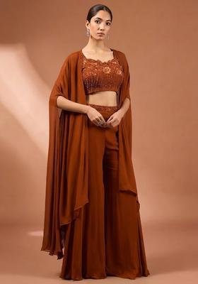 Brown Embroidered Handwork Fusion Set