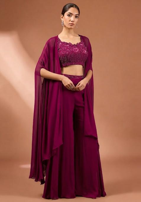 Magenta Embroidered Handwork  Fusion Set