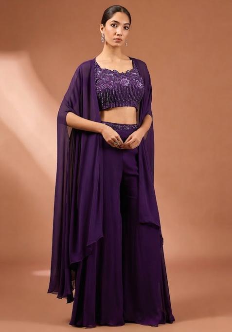 Purple Embroidered Handwork  Fusion Set