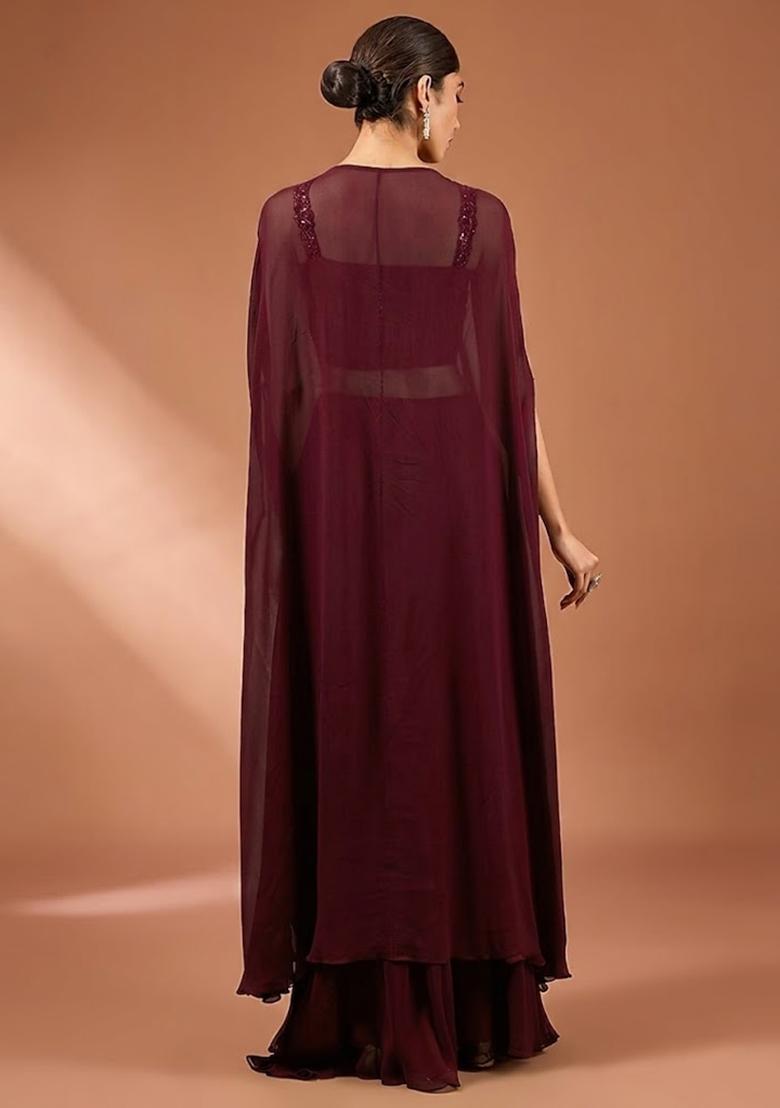 Wine Embroidered Handwork Fusion Set - Indya