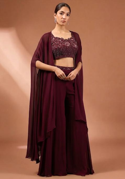 Wine Embroidered Handwork  Fusion Set