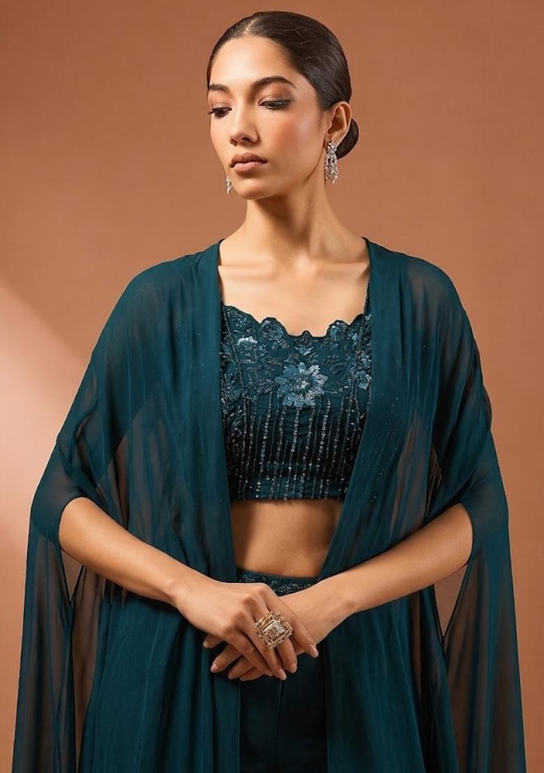 Teal Embroidered Handwork Fusion Set - Indya