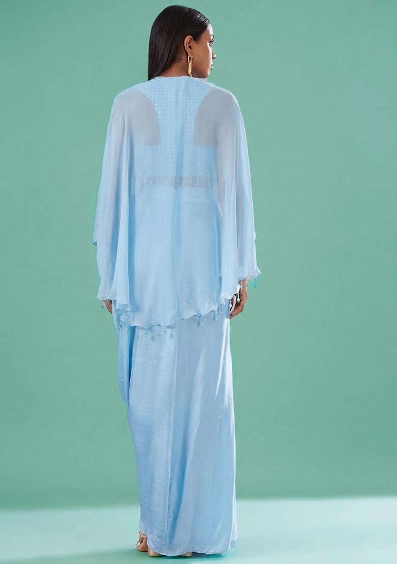 Ice Blue Embellished Handwork Fusion Set - Indya