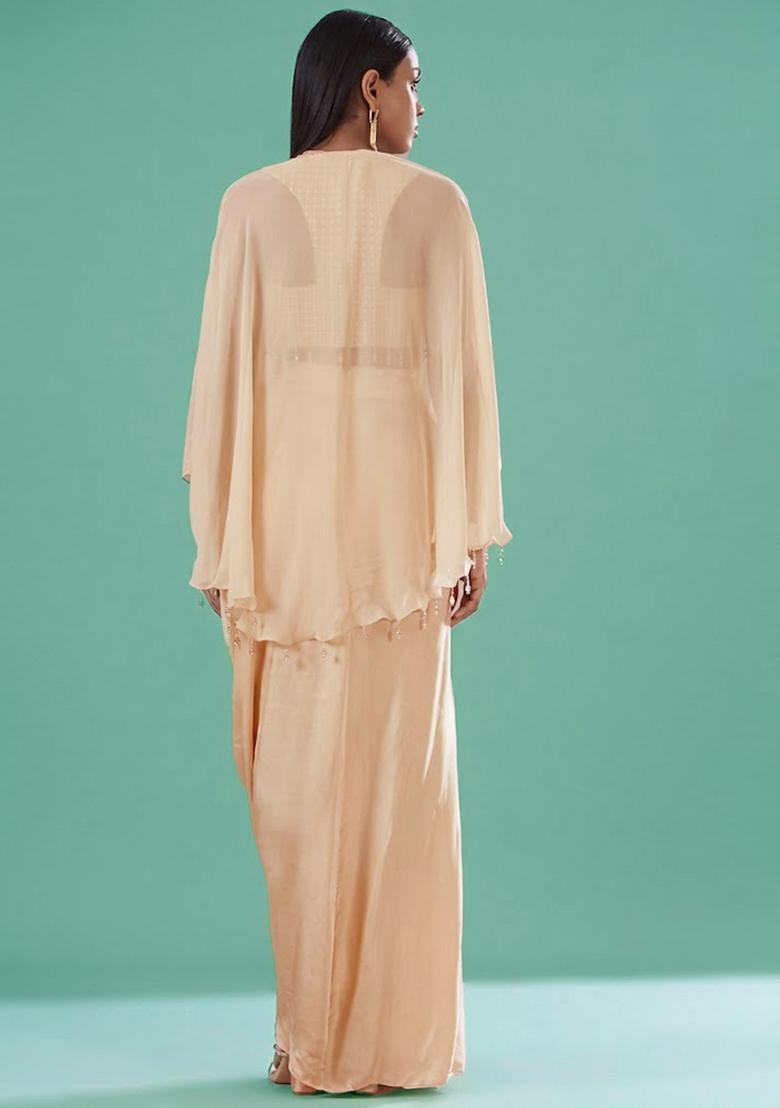 Peach Embellished Handwork Fusion Set - Indya