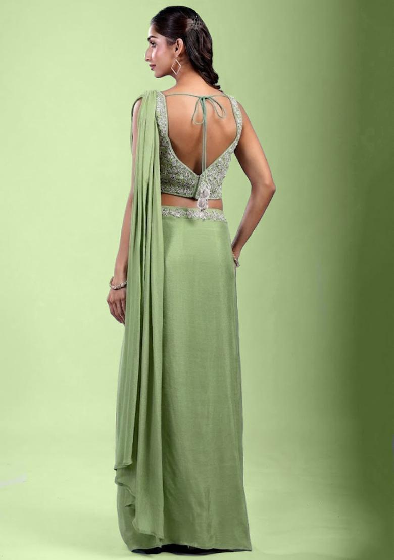 Mint Green Embroidered Handwork Pre Draped Saree Set - Indya