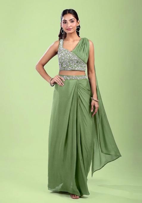 Mint Green Embroidered Handwork  Pre Draped Saree Set