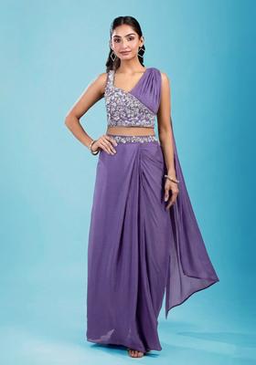 Lavendar Embroidered Handwork Pre Draped Saree Set