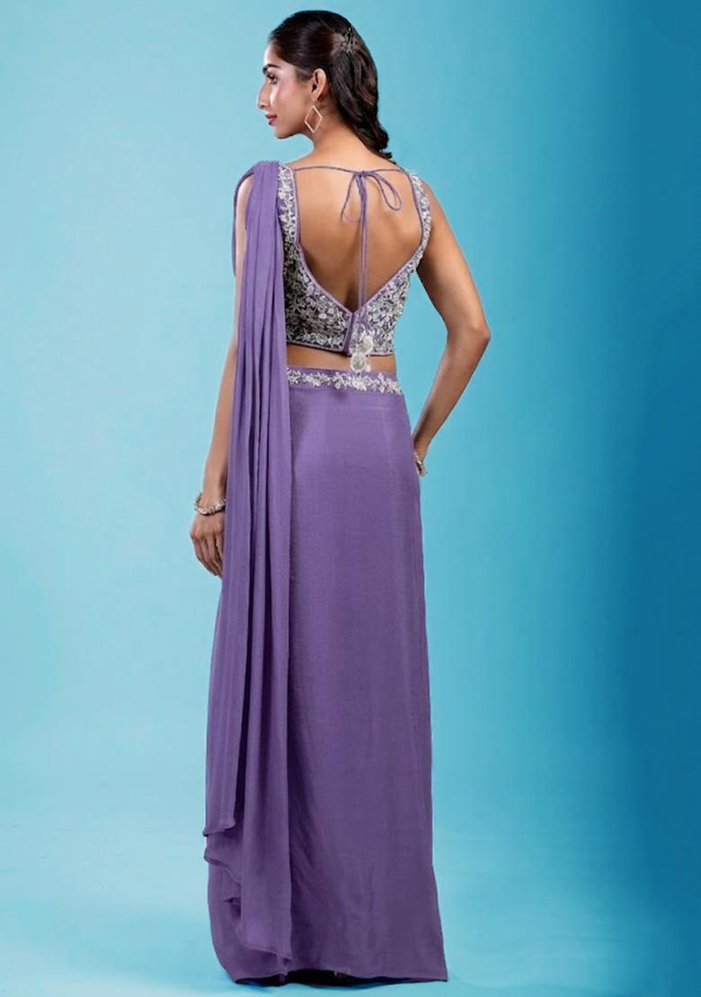 Lavendar Embroidered Handwork Pre Draped Saree Set - Indya