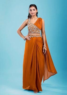 Orange Embroidered Handwork  Pre Draped Saree Set