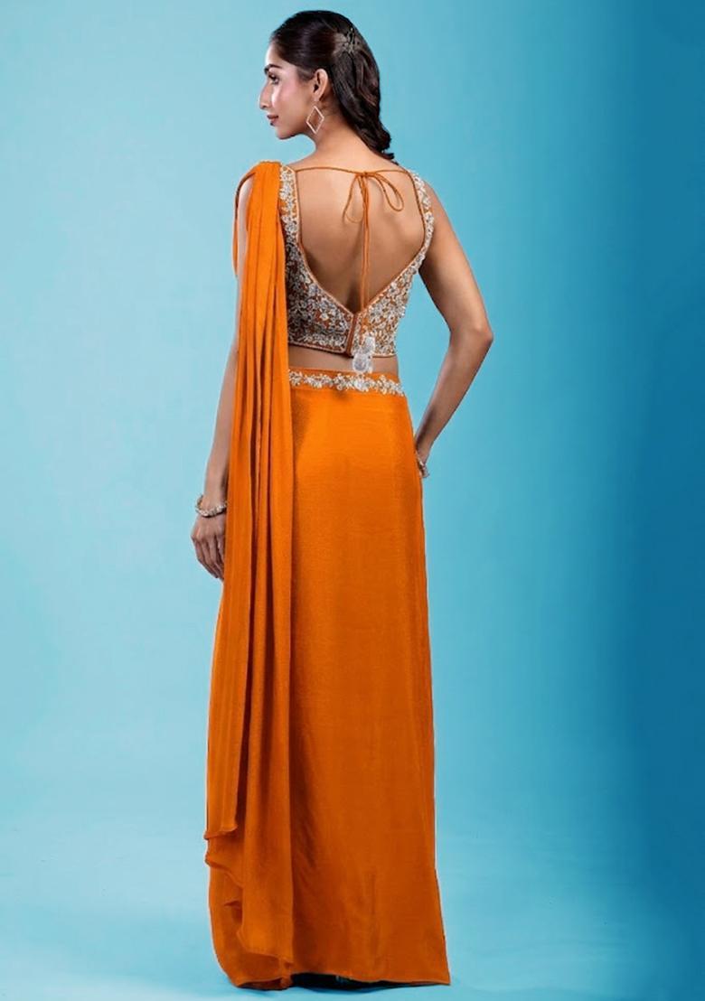 Orange Embroidered Handwork Pre Draped Saree Set - Indya
