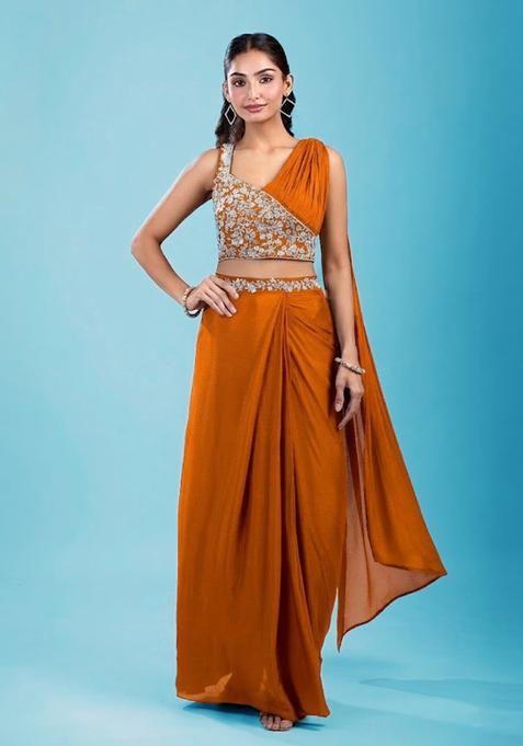 Orange Embroidered Handwork  Pre Draped Saree Set