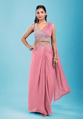 Pink Embroidered Handwork  Pre Draped Saree Set