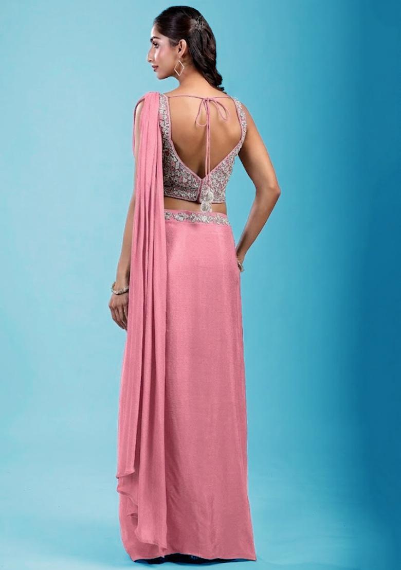 Pink Embroidered Handwork Pre Draped Saree Set - Indya