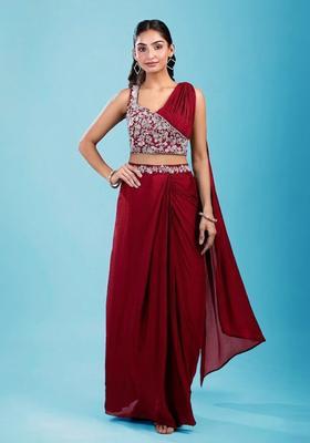 Red Embroidered Handwork  Pre Draped Saree Set