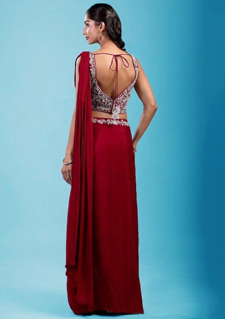 Red Embroidered Handwork Pre Draped Saree Set - Indya